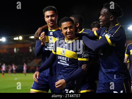 Samuel Silvera del Middlesbrough celebra il secondo gol della squadra durante la partita del quarto turno della Carabao Cup a St James Park, Exeter. Data immagine: Martedì 31 ottobre 2023. Foto Stock