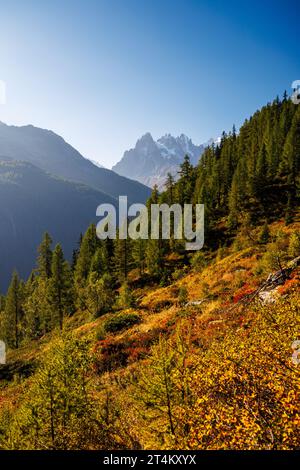 Vista da Balcon Sud verso Aiguille du Midi a Chamonix in autunno Foto Stock