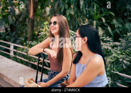 un paio di amici che viaggiano. due donne che indossano occhiali da sole e trasportano valigie. Foto Stock