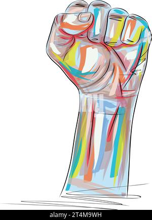 Protesta contro il pugno, pugno bloccato sollevato. Strong, Strength sketch, Raised Arm, Human Rights salute, protesta, attivista, Revolution, Equality, Chang Illustrazione Vettoriale