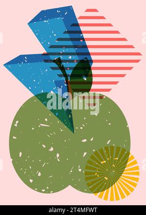 Mela risografica con forme geometriche. Frutta e oggetti in un design a grafico riso alla moda. Illustrazione Vettoriale