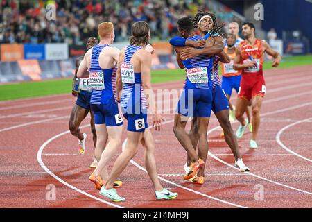 Matthew Hudson-Smith, Charlie Dobson, Lewis Davey, Alex Haydock-Wilson (Gran Bretagna). Medaglia d'oro relè 4x400. Campionati europei di Monaco 2022 Foto Stock