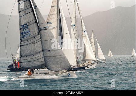 Barca a vela sull'oceano, stretto di Cook, nuova Zelanda Foto Stock