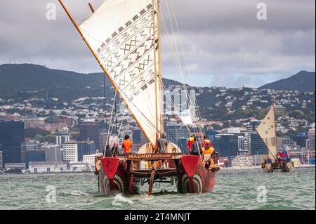 Tradizionale barca a doppio scafo Maori, waka sull'oceano o canoa, Haunui, vela sul porto di Wellington Foto Stock