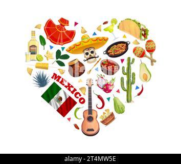 Forma a cuore Love Mexico con bandiera messicana a cartoni animati, cibo e strumenti musicali. Teschio vettoriale calavera, sombrero, chitarra e maracas, tequila, peperoncino, cactus e tex mex taco, margarita e nachos Illustrazione Vettoriale