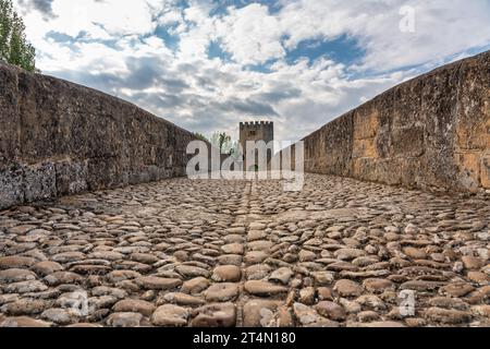Ponte medievale in pietra che si estende sul fiume che attraversa il villaggio di Frias, Burgos, Spagna. Foto Stock