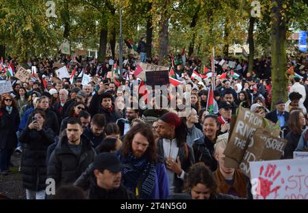 L'Aia, Paesi Bassi. 29 ottobre 2023. Migliaia di persone partecipano a una manifestazione a sostegno dei palestinesi a l'Aia, nei Paesi Bassi, il 29 ottobre 2023. (Foto di Mouneb Taim/INA Photo Agency/Sipa USA) credito: SIPA USA/Alamy Live News Foto Stock