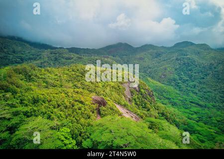 Shot di drone dalla fabbrica di tè, Bull Island, vista da sud-ovest alla costa occidentale di Mahe, vegetazione, cielo nuvoloso, Mahe Seychelles Foto Stock