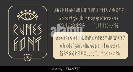 Tipo scandinavo, font viking Runes. Antico carattere tipografico dell'alfabeto nordico. Lettere e numeri in stile celtico con elementi gotici medievali, alfabeto runico vichingo, abc tribale Illustrazione Vettoriale