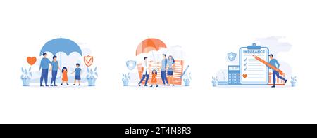 Concetto di assicurazione sanitaria e vita, famiglia sotto l'ombrello assicurativo, uomo compila modulo di assicurazione sanitaria, imposta vettore piatto illustrazione moderna Illustrazione Vettoriale
