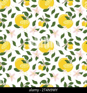 Modello estivo con rametto di limone e fiori di limone. Sfondo con agrumi, illustrazione vettoriale, stampa. Adatto per il design di imballaggi, tessuti e Illustrazione Vettoriale