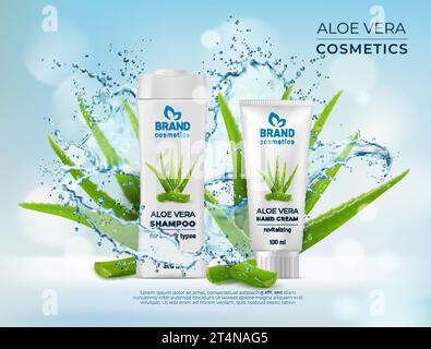 Cosmetici Aloe vera. Spruzzi d'acqua, shampoo, bottiglie di foglie e crema, prodotti di bellezza e a base di erbe. Confezioni Vector 3d di cosmetici per la cura della pelle e dei capelli, foglie verdi di aloe con gocce realistiche Illustrazione Vettoriale