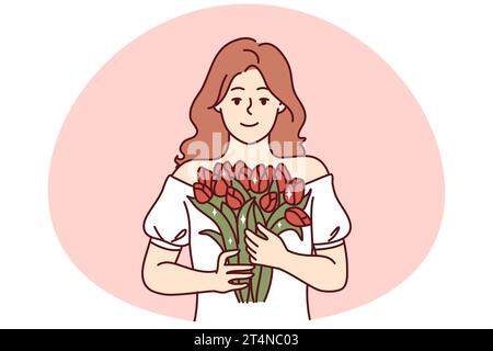 Ritratto di donna sorridente che tiene fiori in mano. Ragazza felice con bouquet sensazione felice festeggiamento anniversario di compleanno. Illustrazione vettoriale. Illustrazione Vettoriale