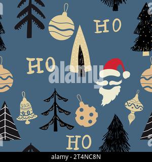 Ho ho ho ho un motivo senza cuciture, Babbo Natale rida. Cappello rosso Babbo Natale, palle, baffi, pino, abete Illustrazione Vettoriale