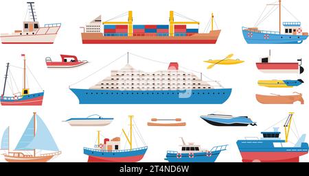 Design di cartoni animati per navi e barche. Yacht, cargo e nave marittima. Nave da crociera, trasporto nautico e avventure elementi vettoriali decenti Illustrazione Vettoriale