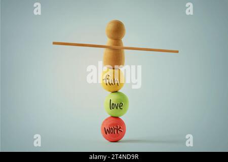 Pedone in legno che si bilancia su perline con il concetto scritto divertimento, amore e lavoro - equilibrio tra lavoro, amore e divertimento Foto Stock