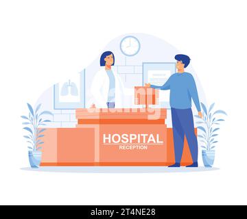Concetto di accoglienza ospedaliera, Man pone una domanda all'ufficio del registro dell'ospedale, illustrazione moderna a vettore piatto Illustrazione Vettoriale