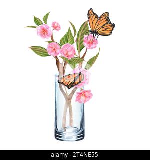 Illustrazioni ad acquerello disegnate a mano. Sakura si ramifica con fiori rosa e foglie verdi e farfalle in un bicchiere Foto Stock