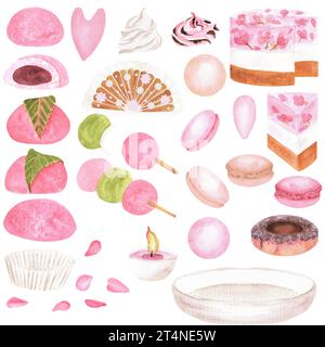 Un pacchetto di illustrazioni ad acquerello disegnate a mano. Sakura mochi, dango, torta, macaron, panna montata per il latte, petali sakura, donat. Piastra in ceramica, t Foto Stock