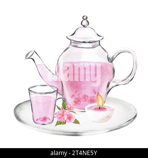 Illustrazione ad acquerello disegnata a mano. Teiera di vetro e tazza con tè sakura sul paté di vetro con candela di tè e fiori sakura Foto Stock