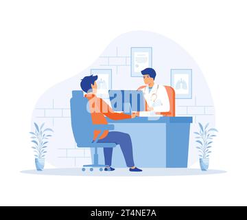 Donna all'appuntamento del medico. medico maschio e femmina seduti a parlare al tavolo in ufficio. illustrazione moderna a vettore piatto Illustrazione Vettoriale