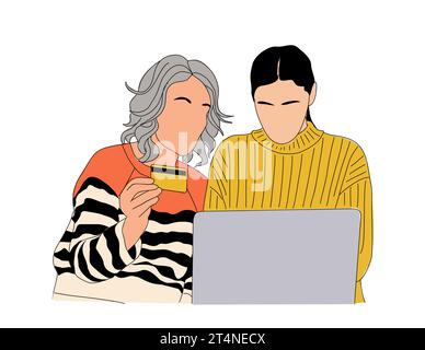 Madre e figlia che fanno acquisti online tramite computer portatile. Illustrazione Vettoriale
