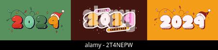 Set di poster natalizi con testo 2024. Noel Hat e garland. Illustrazione Vettoriale
