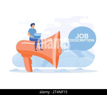 Descrizione del lavoro. Documento che descrive le responsabilità di un Position Gentleman Drawing Riding Big Megaphone, Flat Vector Modern Illustration Illustrazione Vettoriale