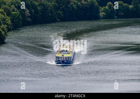 Naviga su un battello fluviale, la Mosella vicino a Traben-Trarbach, il distretto di Bernkastel-Wittlich, la Renania-Palatinato, Germania Foto Stock