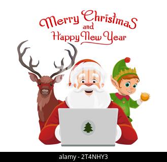 Cartoni natalizi Babbo Natale con laptop, cervi e elfo natalizio. Il biglietto d'auguri vettoriale con padre Noel coordina la magia di Natale con la sua fidata renna e il suo utile gnomo, assicurando una stagione gioiosa e tecnologicamente avanzata Illustrazione Vettoriale
