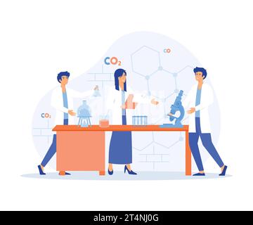Scienziati in laboratorio. Persone con camice bianco, ricercatori chimici con attrezzature da laboratorio. Sviluppo di farmaci, illustrazione moderna a vettore piatto Illustrazione Vettoriale