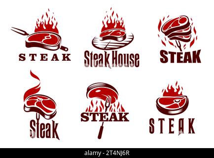 Icone della bistecca alla griglia, emblemi vettoriali isolati per barbecue. Etichette identificative del ristorante o della Steak House con carne alla griglia, fuoco acceso, griglia e forchetta. Simboli per feste barbecue, set di badge vintage retrò Illustrazione Vettoriale
