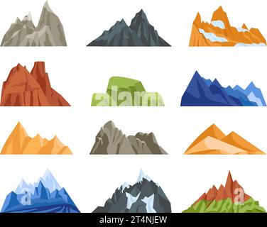 Varie cime e colline montane, roccia e vulcano. Elementi isolati e pianeggianti del paesaggio naturale. Avventure in campeggio, viaggi in montagna vettoriale decente Illustrazione Vettoriale