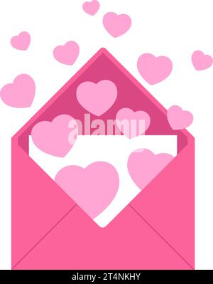 Aprire la busta con il cuore. Cuori volanti, sentimenti romantici o messaggio di dichiarazione d'amore. Cartolina di un giorno a Saint Valentines, poster a razze vettoriali piatte Illustrazione Vettoriale