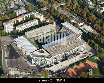 VISTA AEREA. Stadio polifunzionale di Saint-Symphorien. Longeville-lès-Metz, Mosella, Grand Est, Francia. Foto Stock