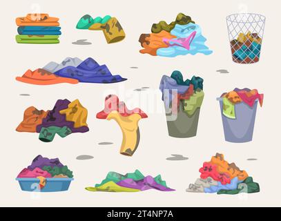 Vestiti disordinati. Gli articoli del guardaroba sporchi in diversi pali illustrazioni vettoriali esatte Illustrazione Vettoriale