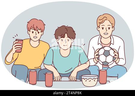 Ragazzi felici guardano il calcio a casa insieme . I ragazzi felici del vettore si divertono a sedersi a casa guardando il calcio insieme. Gli amici sorridenti possono trascorrere un weekend all'interno con una partita sportiva. Illustrazione vettoriale. Illustrazione Vettoriale