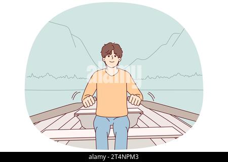 Giovane uomo a remi in barca rilassarsi in vacanza in montagna. Un ragazzo sorridente si siede in nave e gode di attività ricreative all'aperto in natura. Illustrazione vettoriale. Illustrazione Vettoriale