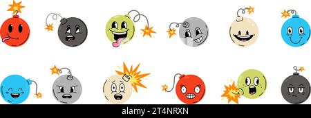 Buffe bombe emotive. Personaggi della bomba espressiva dei cartoni animati, simpatiche mascotte isolate con le armi. Modello adesivi supporti, espressioni perfettamente clipart vettoriale Illustrazione Vettoriale
