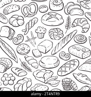 Pane e prodotti da forno con motivo senza cuciture. Illustrazione a forma di doodle disegnata a mano. Set isolato cotto bene. Ripetizione del modello. Illustrazione vettoriale. Illustrazione Vettoriale