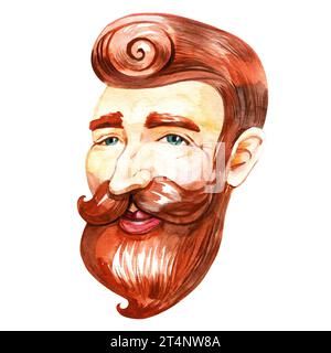 Acquerello disegnato a mano sorridente irlandese con una barba rossa in un cappello verde. Isolato su sfondo bianco Foto Stock