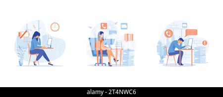 Stress in ufficio, giovani imprenditori stanchi che lavorano sul loro portatile tra pile di documenti e documenti. impostare l'illustrazione moderna a vettore piatto Illustrazione Vettoriale