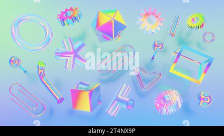 Forme 3D colorate e iridescenti fluttuanti su uno sfondo pastello, rendering 3D. Foto Stock