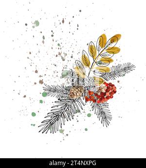 Illustrazione vettoriale, composizione natalizia disegnata a mano. Piante invernali, bacche, coni di pino, ramoscelli. Composizione festiva per Capodanno. Illustrazione Vettoriale