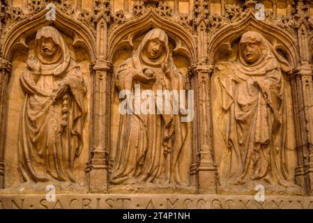 Tomba gotica di Bernat Despujol, situata nell'ambulatorio della cattedrale di Vic (Osona, Barcellona, Catalogna, Spagna) ESP: Sepulcro Gótico en Vic Foto Stock