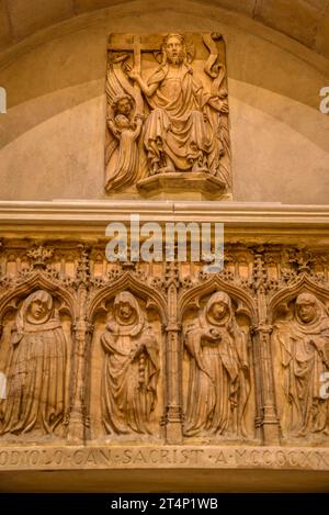 Tomba gotica di Bernat Despujol, situata nell'ambulatorio della cattedrale di Vic (Osona, Barcellona, Catalogna, Spagna) ESP: Sepulcro Gótico en Vic Foto Stock