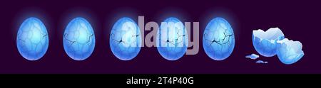 Animazione Dragon Eggs. Guscio intero e rotto dell'uovo, rettile nascita del bambino da guscio d'uovo crack, drago di dinosauro sequenza di schiusa gioco mostro pasquale ingegnoso illustrazione vettoriale dell'animazione dell'uovo Illustrazione Vettoriale
