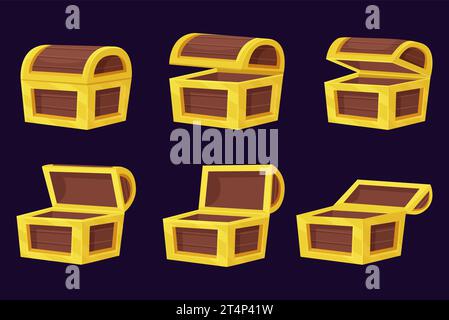 Animazione del petto in legno dei cartoni animati. Chiudere e aprire il coperchio, avviare e terminare l'azione. Box per tesori, pirati o avventure, elementi vettoriali di avventura Illustrazione Vettoriale