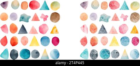 Set di coloratissimi acquerelli dipinti a mano con forme rotonde, macchie, cerchi, blobi isolati su bianco Illustrazione Vettoriale