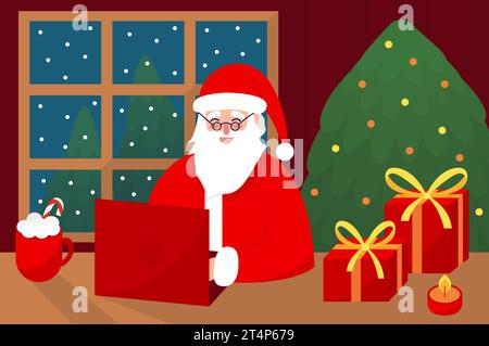 Babbo Natale che lavora al computer a casa Illustrazione Vettoriale